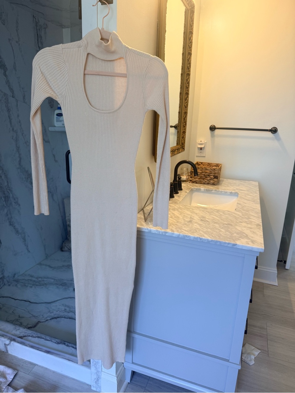 Jonathan Simkhai Cream Ribbed Mock-Neck Midi Dress with Front Cutout